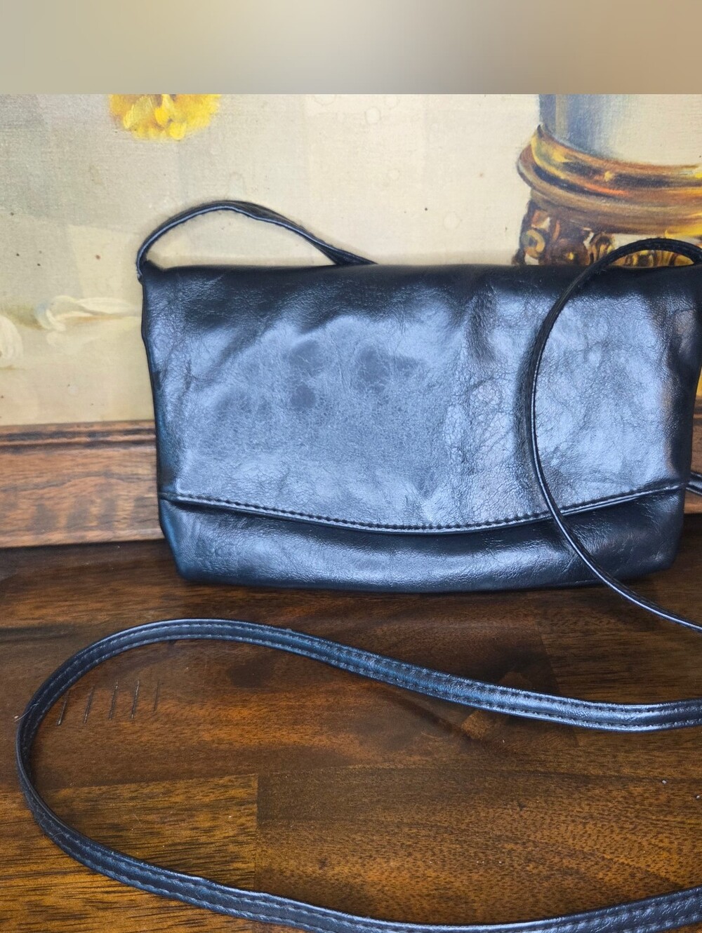 Black Faux-Leather Crossbody Fold-over Bag
